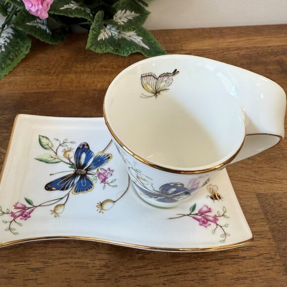 Adeline Butterfly Tea Cup‎ Snack Plate Floral Blue Gold Trim England Design - Picture 3 of 7